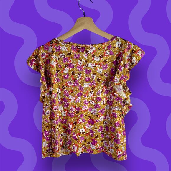 Ann Taylor Women's Large 100% Linen Flutter Sleeves Retro Floral Shirt Blouse - Picture 3 of 8